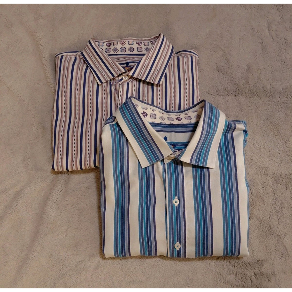 Robert Graham Mens Blue Striped Longsleeve Button Up Shirt Bundle Lot Of 2 XXL